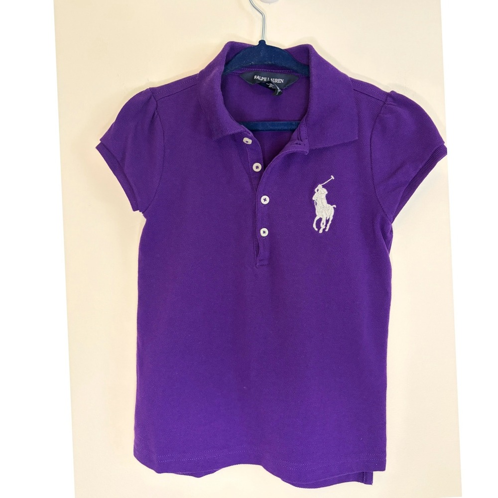 Ralph Lauren Girls Purple White Big Pony Cotton Pique Polo Shirt Size 6 Preppy